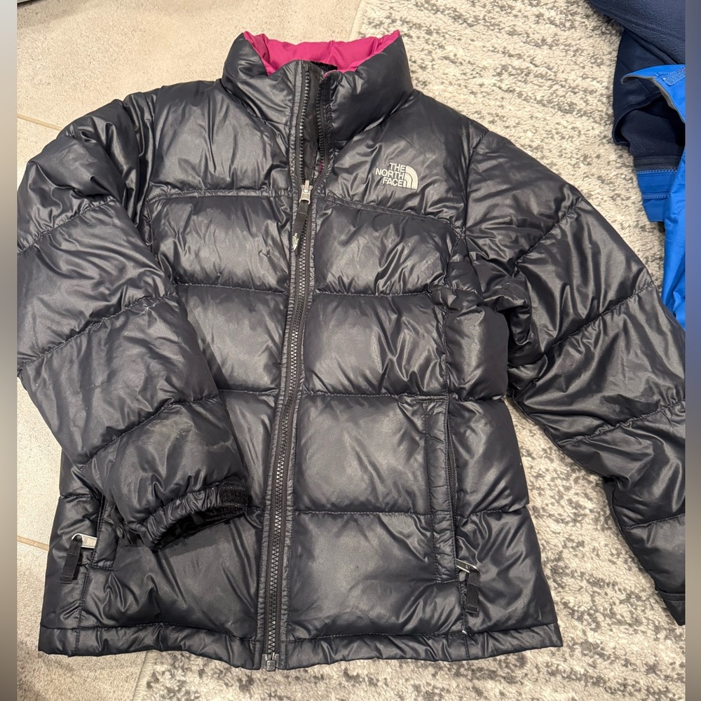 girls black metallic north face coat